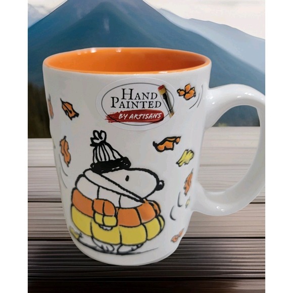Peanuts Other - Peanuts 2025 Snoopy Candy Corn Puffer Jacket Fall Leaves Hand Painted Mug 16oz
